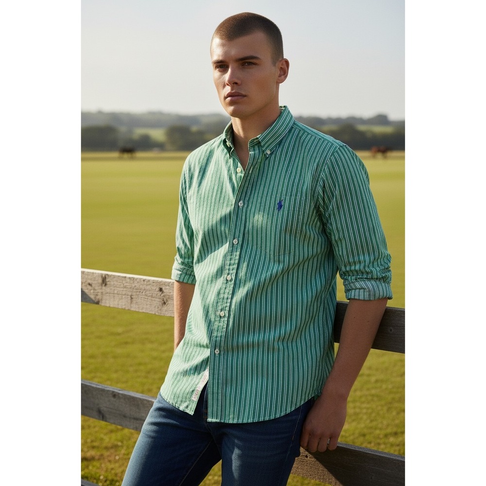 Ralph Lauren Button Down Shirt Mens Green Blue Striped Custom Fit Large